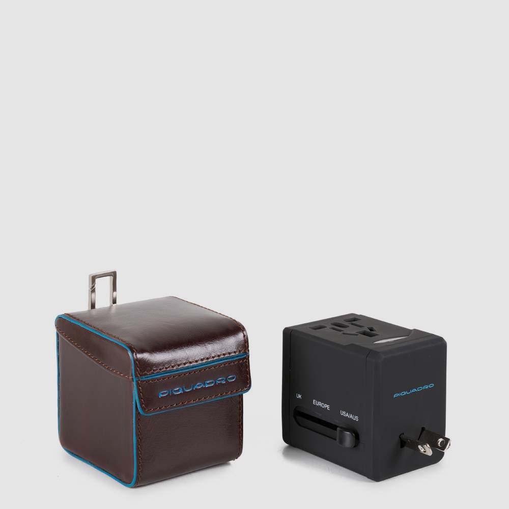 Piquadro – Универсальный адаптер с кожаным корпусом, два USB -порты синего квадрата – AC4251B2