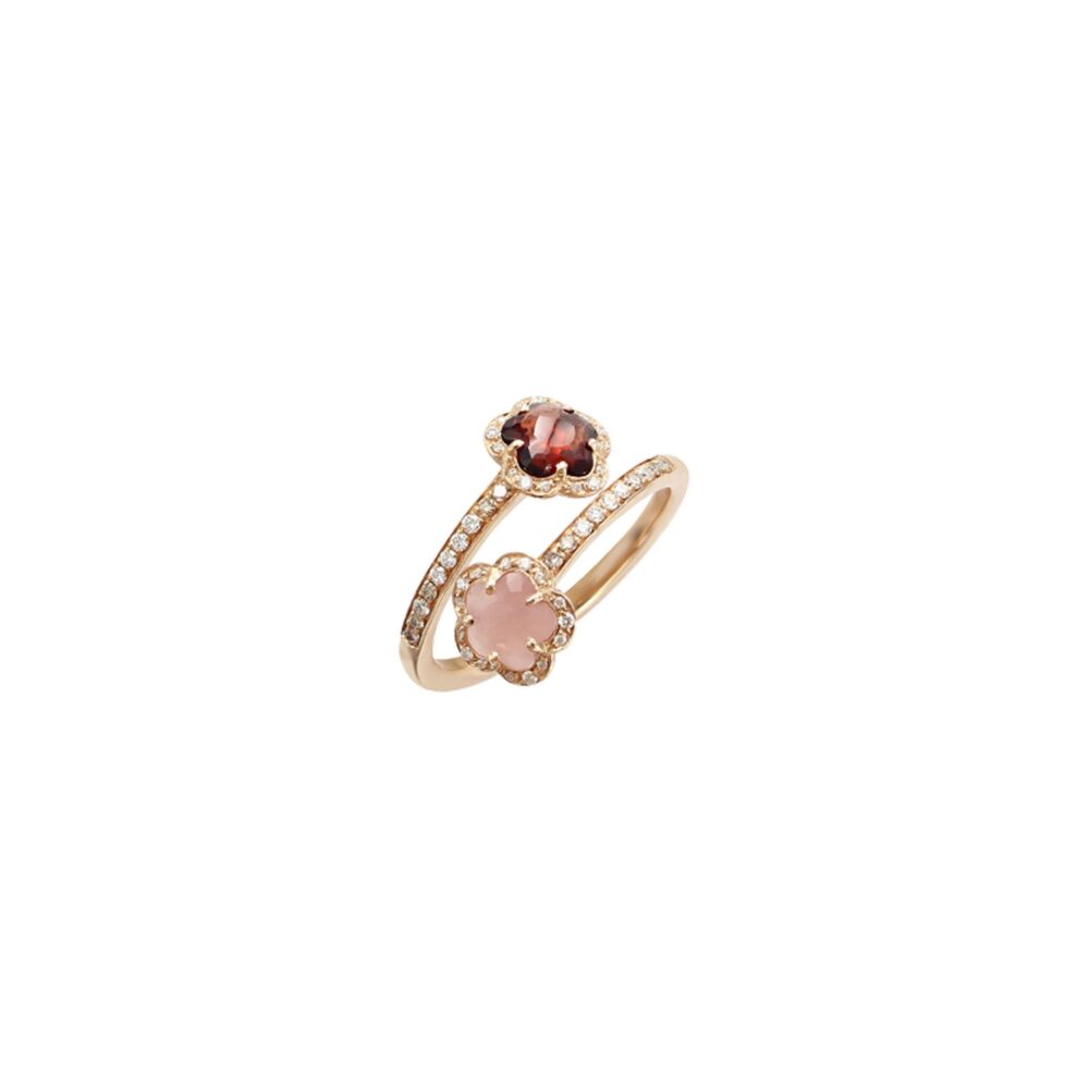 Кольцо дочери цветов розового золота с розовой известняком, красной гранат и бриллиантами 15958r